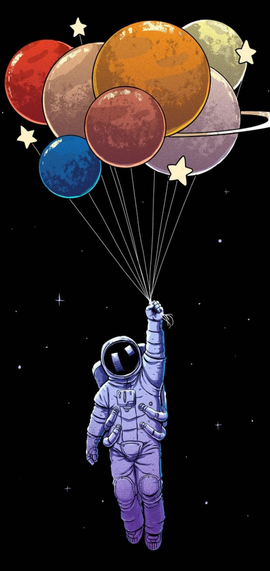 1080x2280 Download 1080x2280 Astronaut, Flying With Balloons, Planet Shaped, Uranus, Neptune, Pluto Wallpaper for Samsung Galaxy S10e, Xiaomi Mi A2 Lite, OnePlus 6