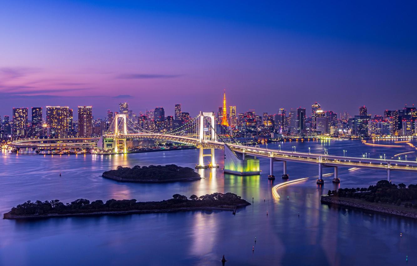 1332x850 Wallpaper the sky, lights, Bay, Japan, Tokyo, Islands, Tokyo tower, Rainbow bridge image for desktop, section город