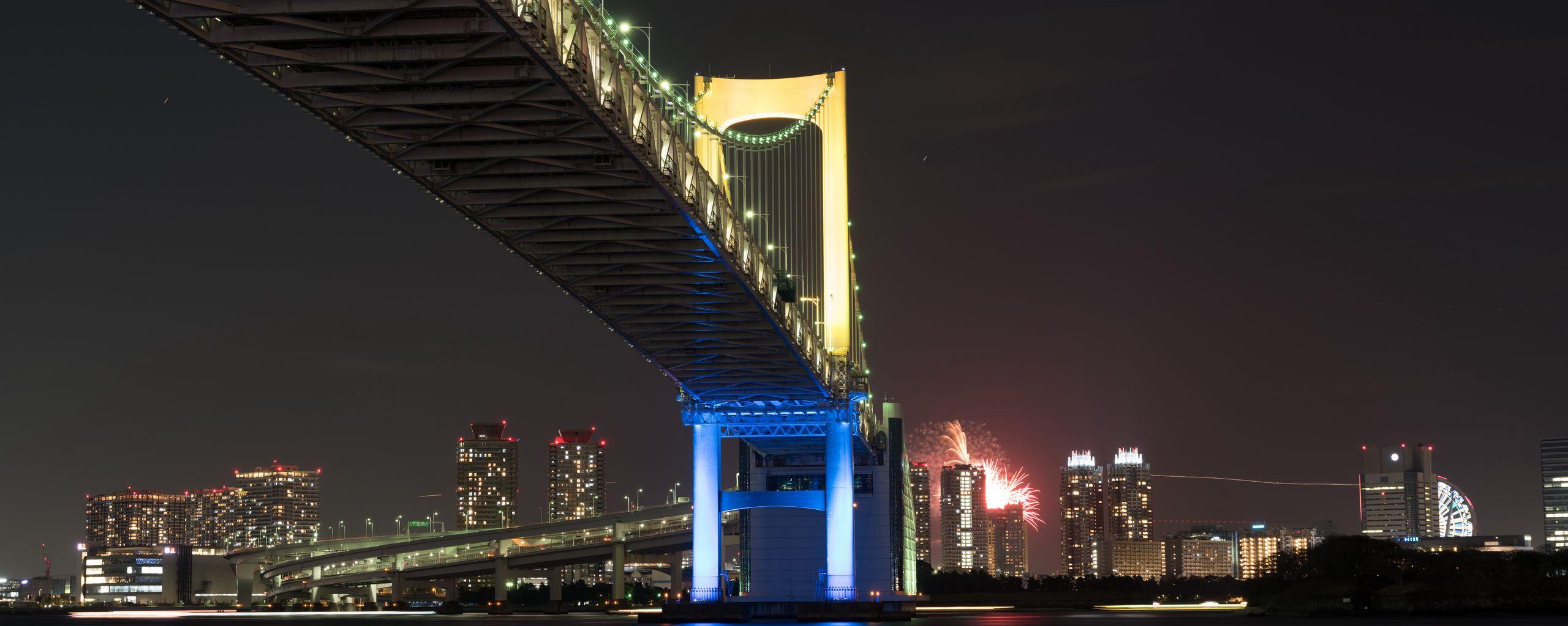 2560x1024 Download wallpaper 2560x1024 bridge, night city, bay, tokyo, japan ultrawide monitor HD background