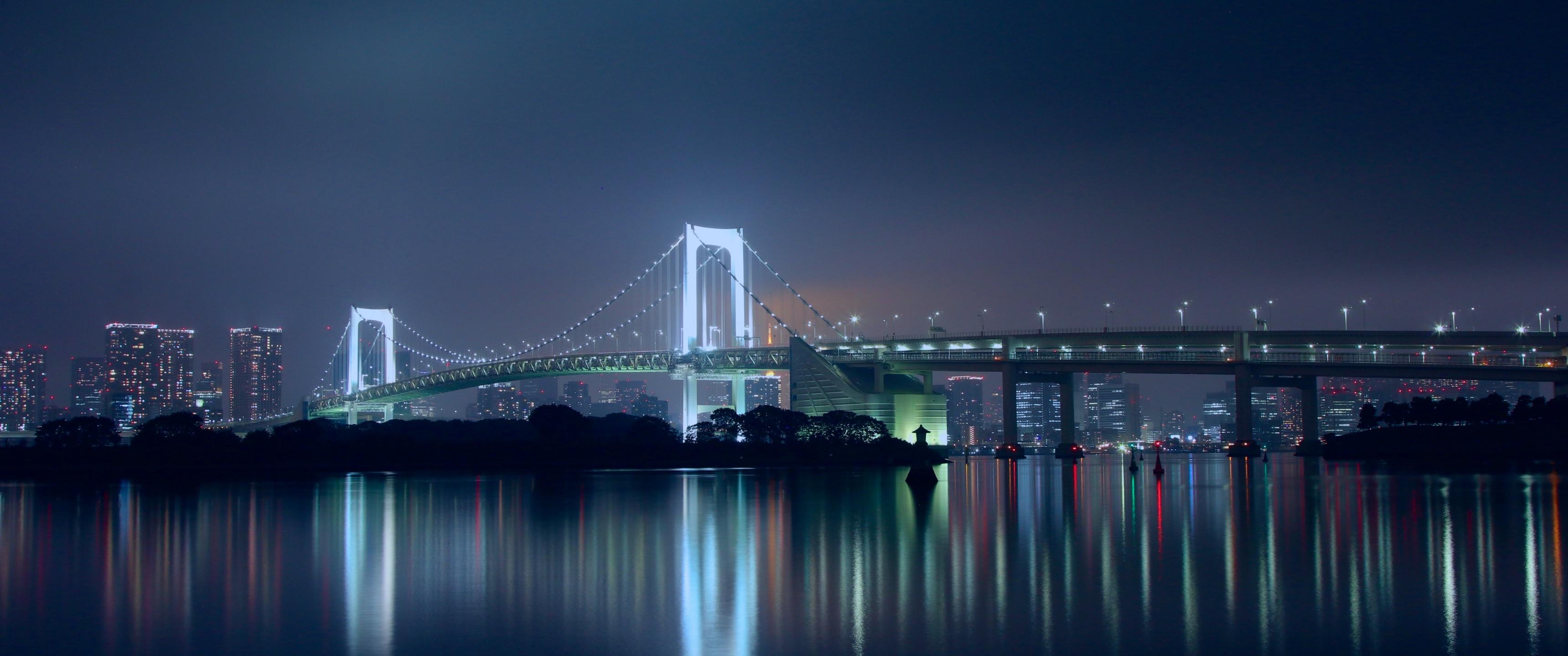 3440x1440 Rainbow Bridge Wallpaper 4K, Tokyo, Japan, Suspension bridge, Waterfront, World