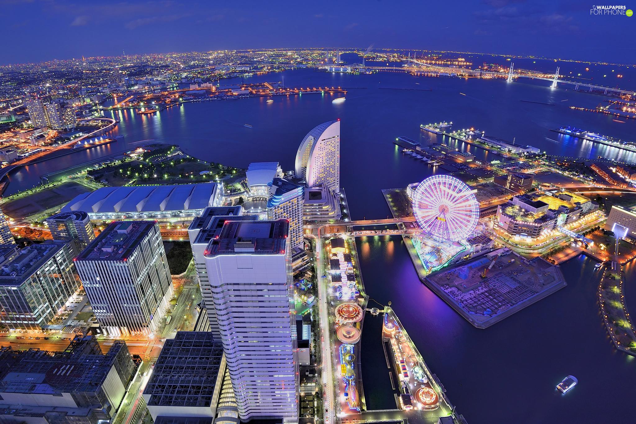 2048x1365 Yokohama, Japan, City at Night, Aerial View, Tokyo Bay, Honshu Island phone wallpaper: 2048x1365