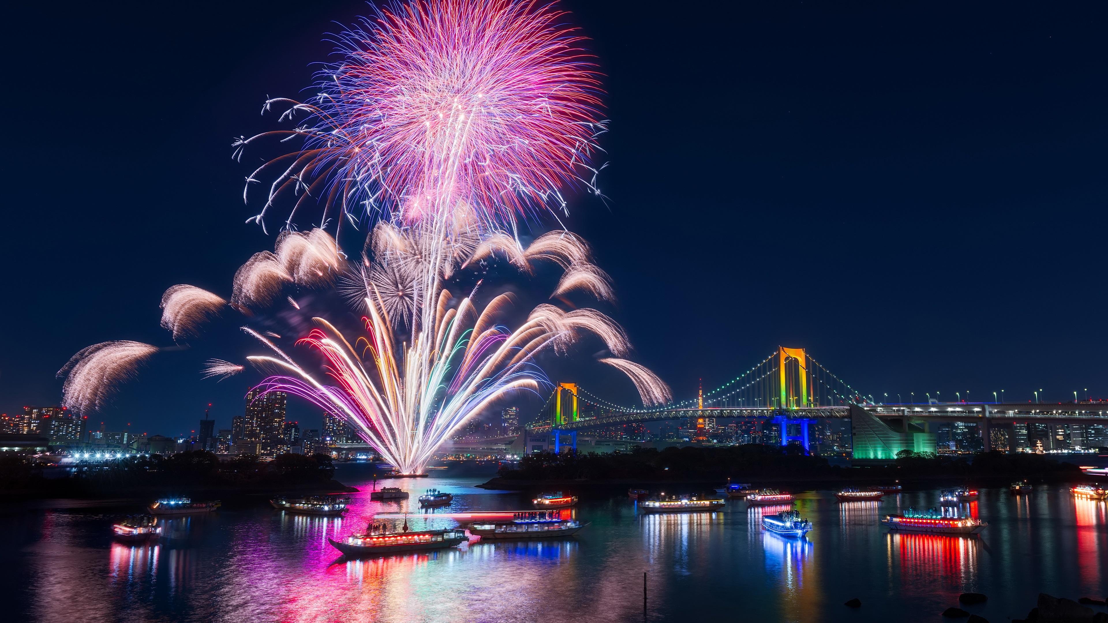 3840x2160 Wallpaper Tokyo, city, fireworks, beautiful night, bay, bridge, illumination, Japan 3840x2160 UHD 4K Picture, Image