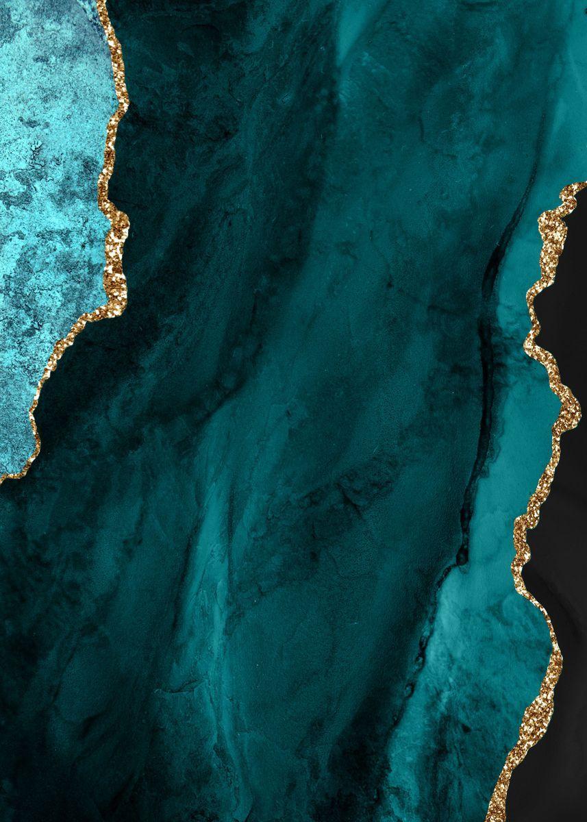 857x1200 Teal Gold Agate 01' Poster by Aloke Design. Displate. Phone wallpaper image, Watercolor wallpaper, Flower background wallpaper