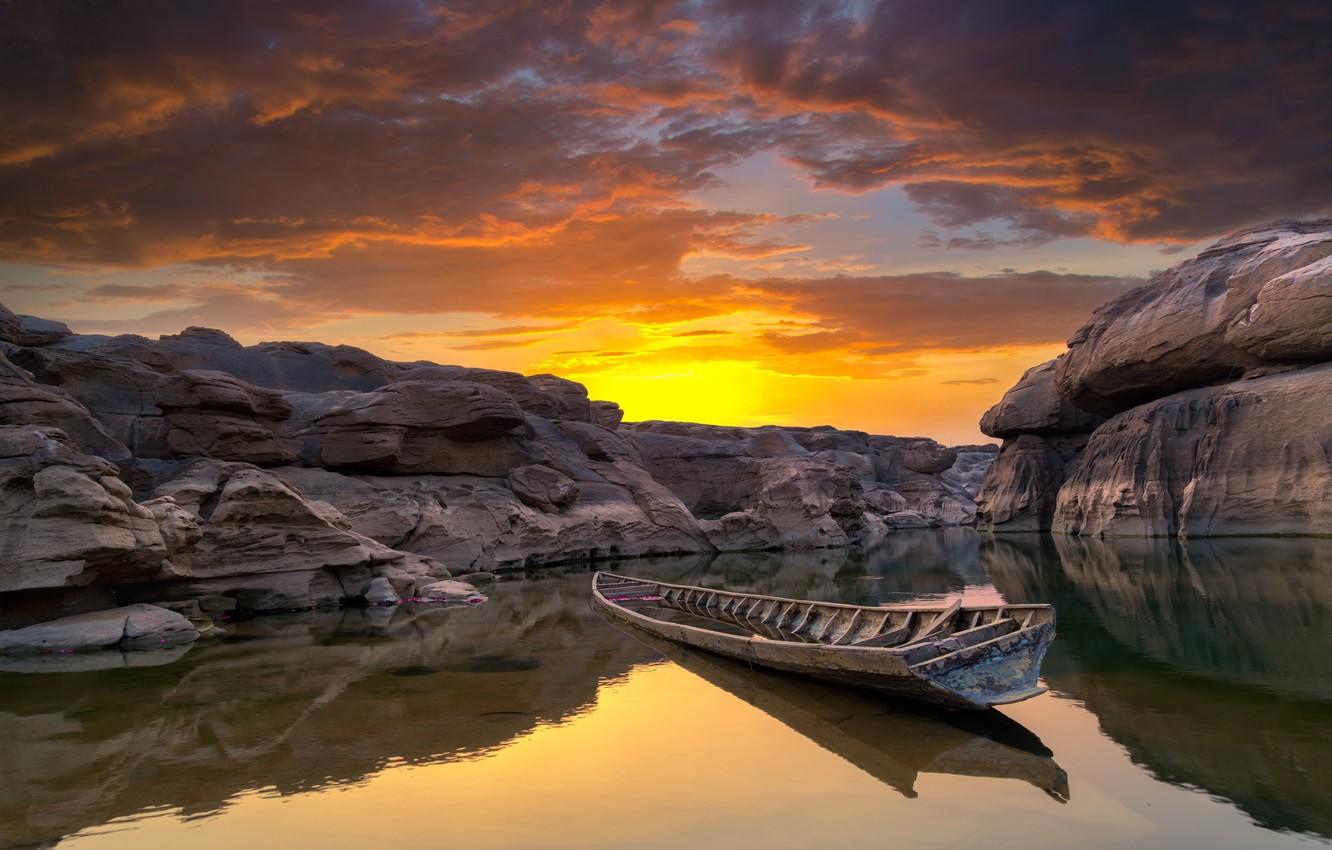 1332x850 Wallpaper sunset, river, stones, rocks, boat, Thailand, river, nature, stone, sunset, park, beautiful, boat, grand canyon, Sampanbok image for desktop, section пейзажи