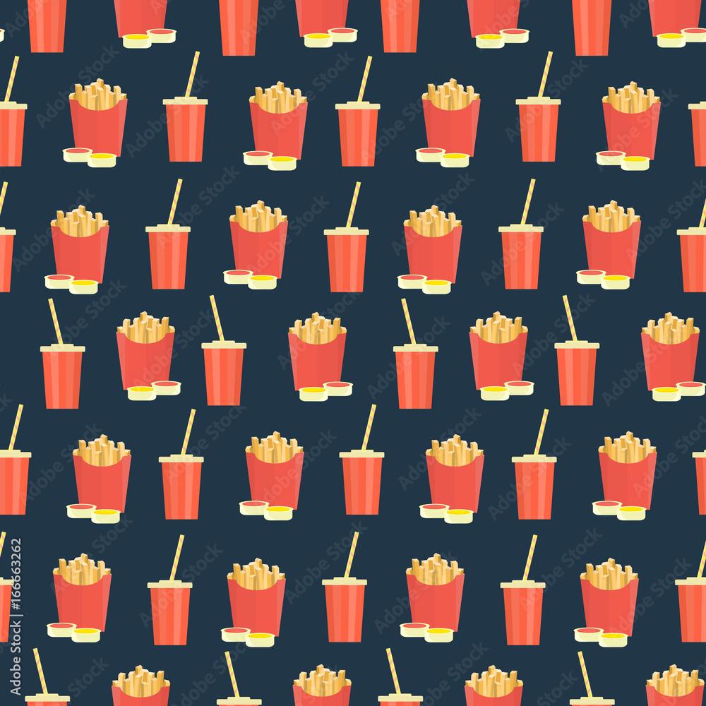 1000x1000 Seamless pattern with cola and french fries on dark background. Cute fast food texture for textile, cafe and bar covers, banners, wrapping paper, wallpaper, menu design Stock Vector