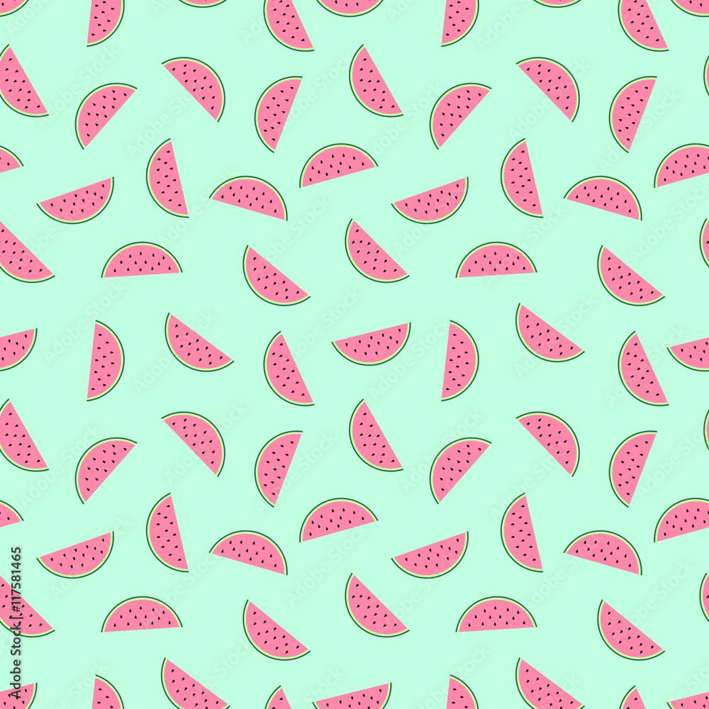 1000x1000 Pink watermelon slices seamless pattern on mint green background. Cute fruit pattern. Summer food vector illustration. Fashion design for textile, wallpaper, web, fabric and decor. Stock Vector