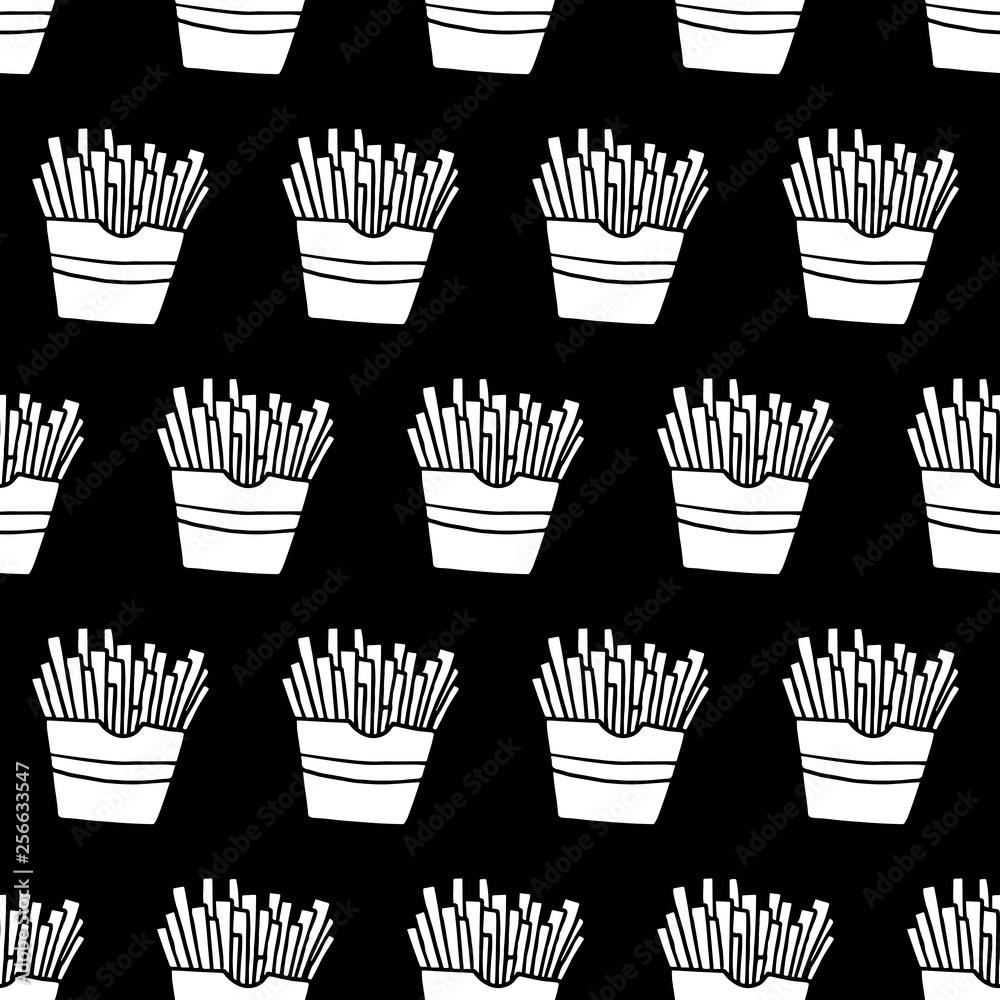 1000x1000 Trendy fast food pattern with hand drawn french fries. Cute vector black and white fast food pattern. Seamless monochrome fast food pattern for fabric, wallpaper, wrapping paper and web background. Stock Vector