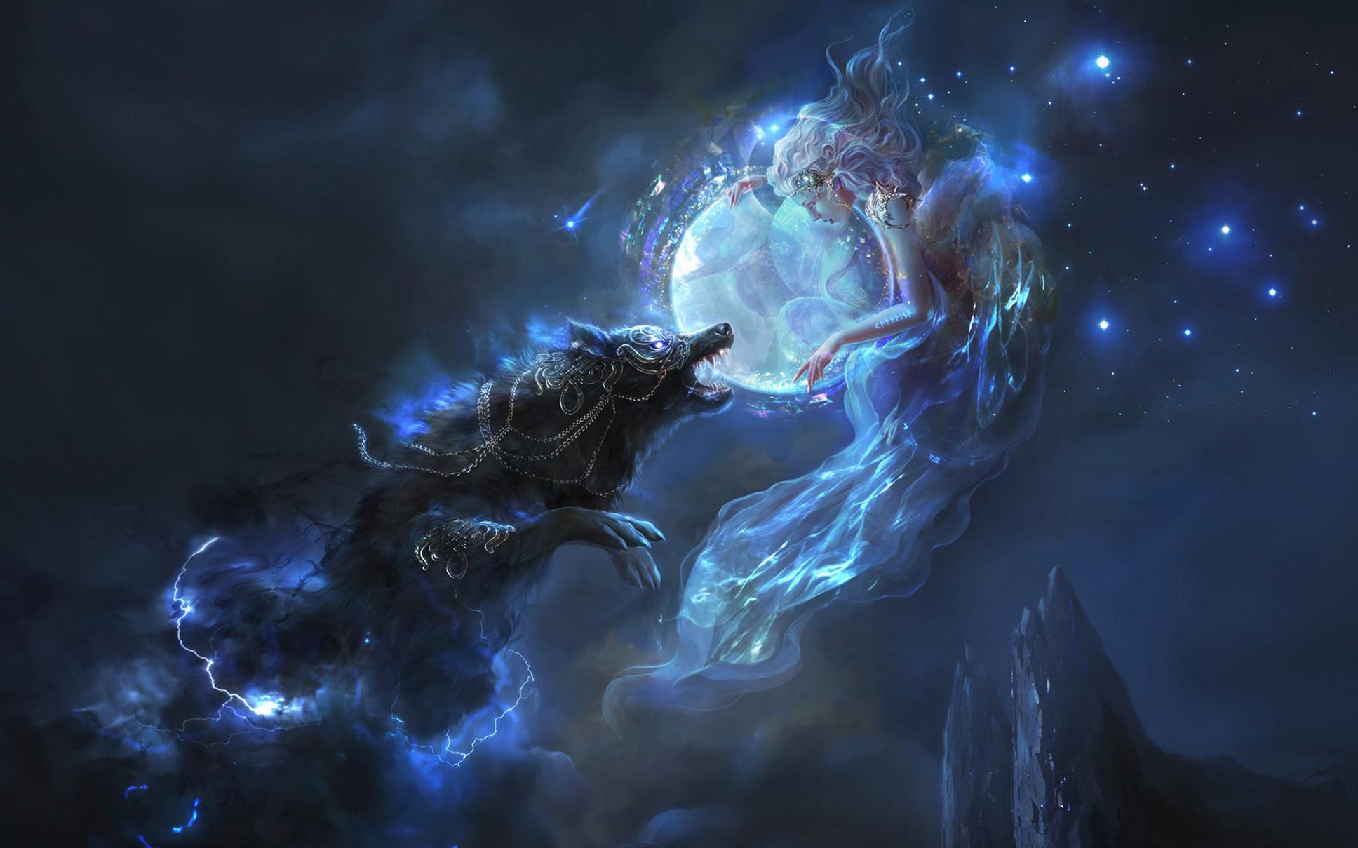 1936x1209 Wolf Woman Moon Smoke Magic Spirit Wallpaper:1936x1209
