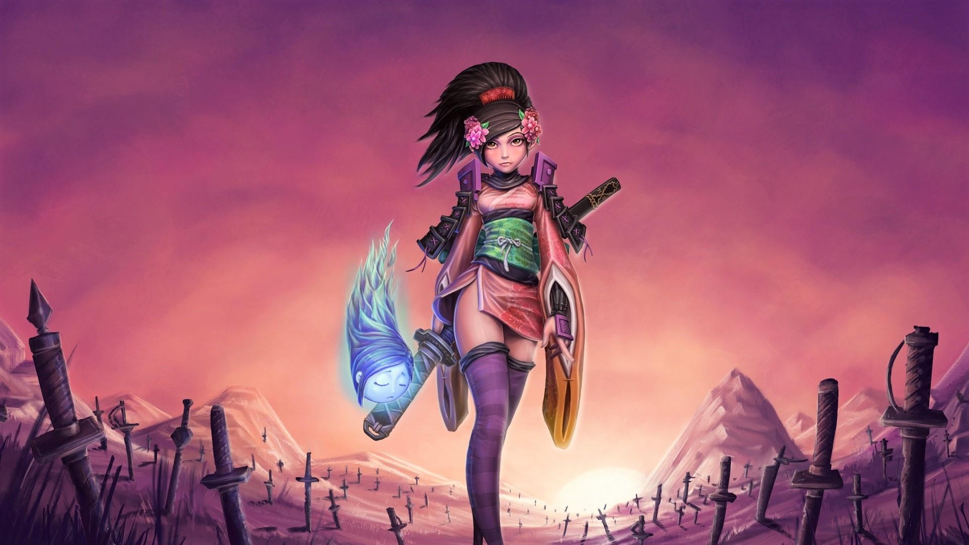 1920x1080 Anime Girl Woman Warrior Warrior Spirit Samurai Wallpaper:1920x1080