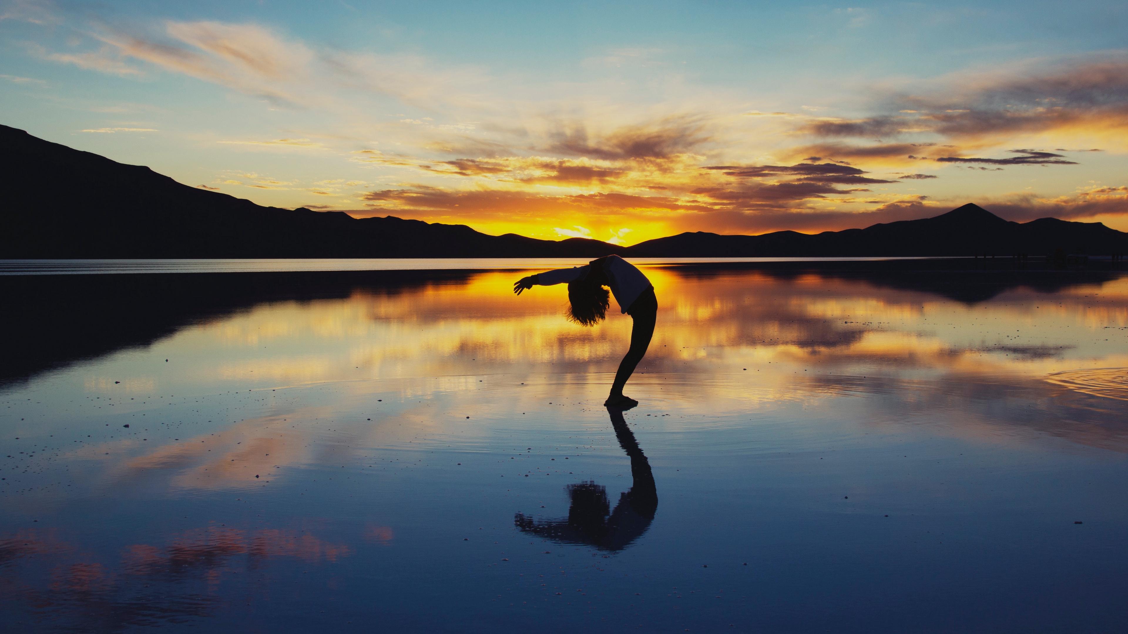 3840x2160 Wallpaper 4k yoga, silhouette, lake, horizon 4k Wallpaper