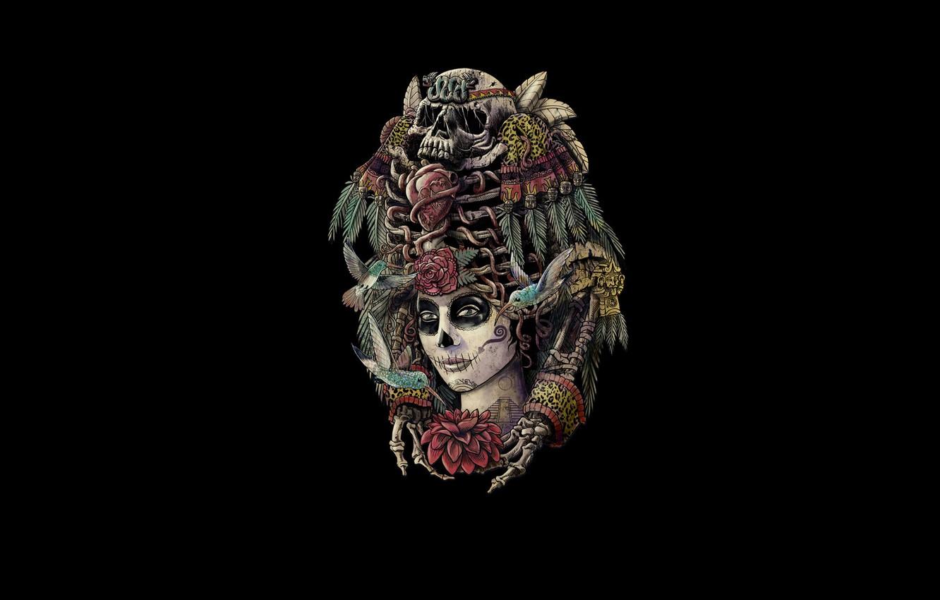 1332x850 Wallpaper girl, birds, style, skull, skeleton, day of the dead image for desktop, section минимализм
