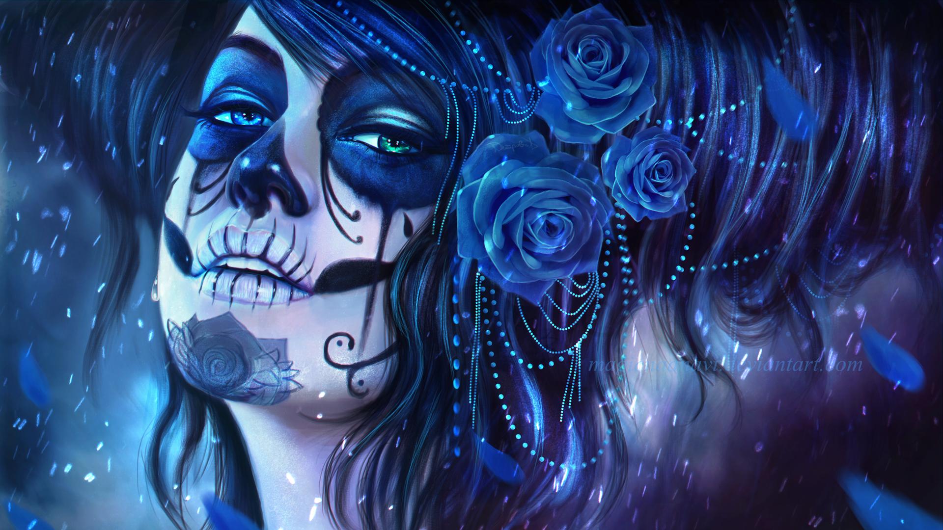 1920x1080 Artistic Blue Day Of The Dead Girl Makeup Rose Skeleton Sugar Skull Woman Wallpaper:1920x1080