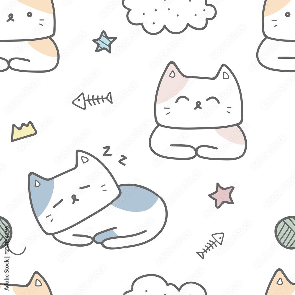 1000x1000 Cute adorable pastel cat kitten cartoon doodle seamless pattern background wallpaper Stock Vector