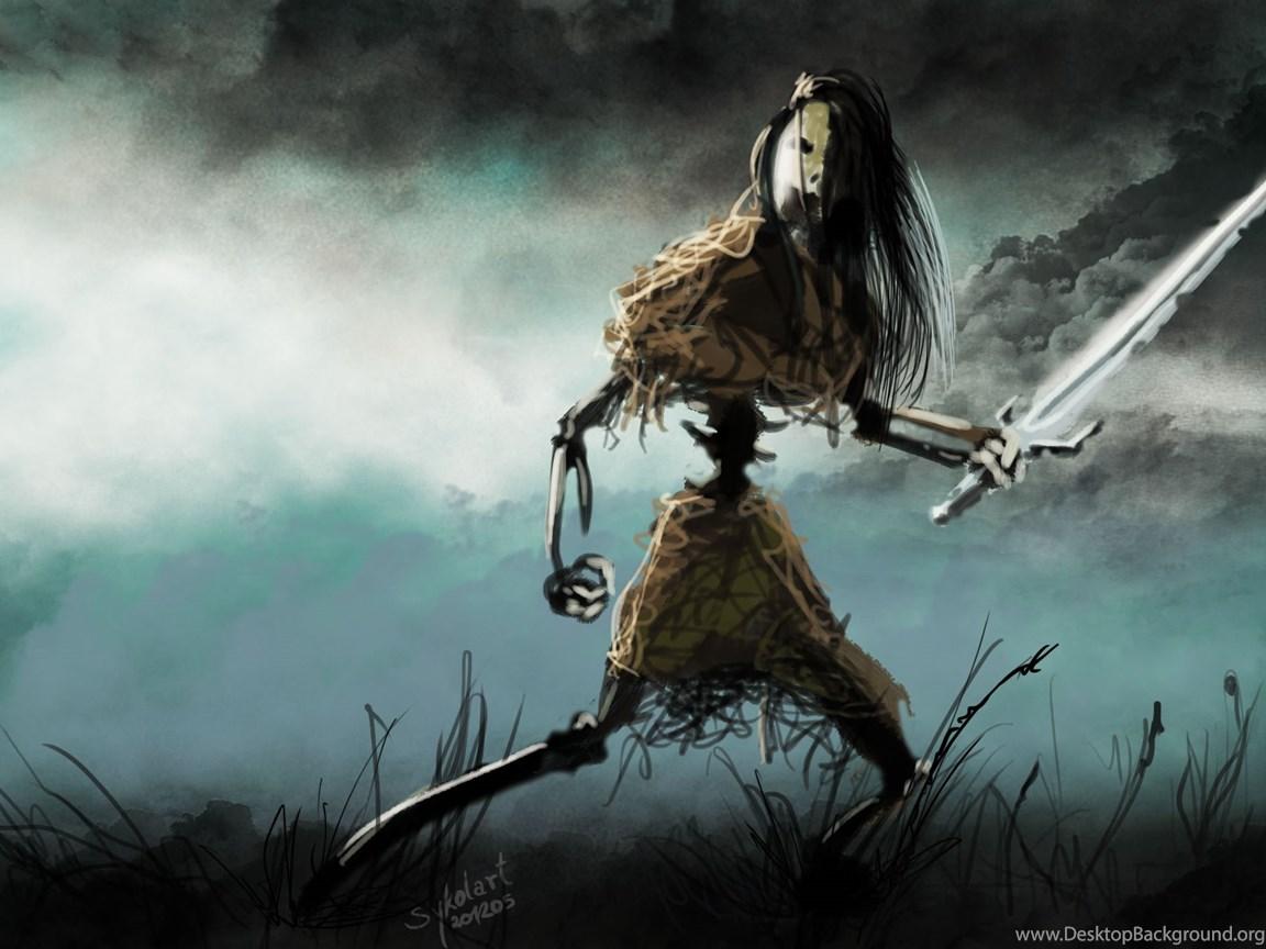 1152x864 Dark Warrior Sykol Sykolart Fantasy Undead Skeleton Girl Attack. Desktop Background