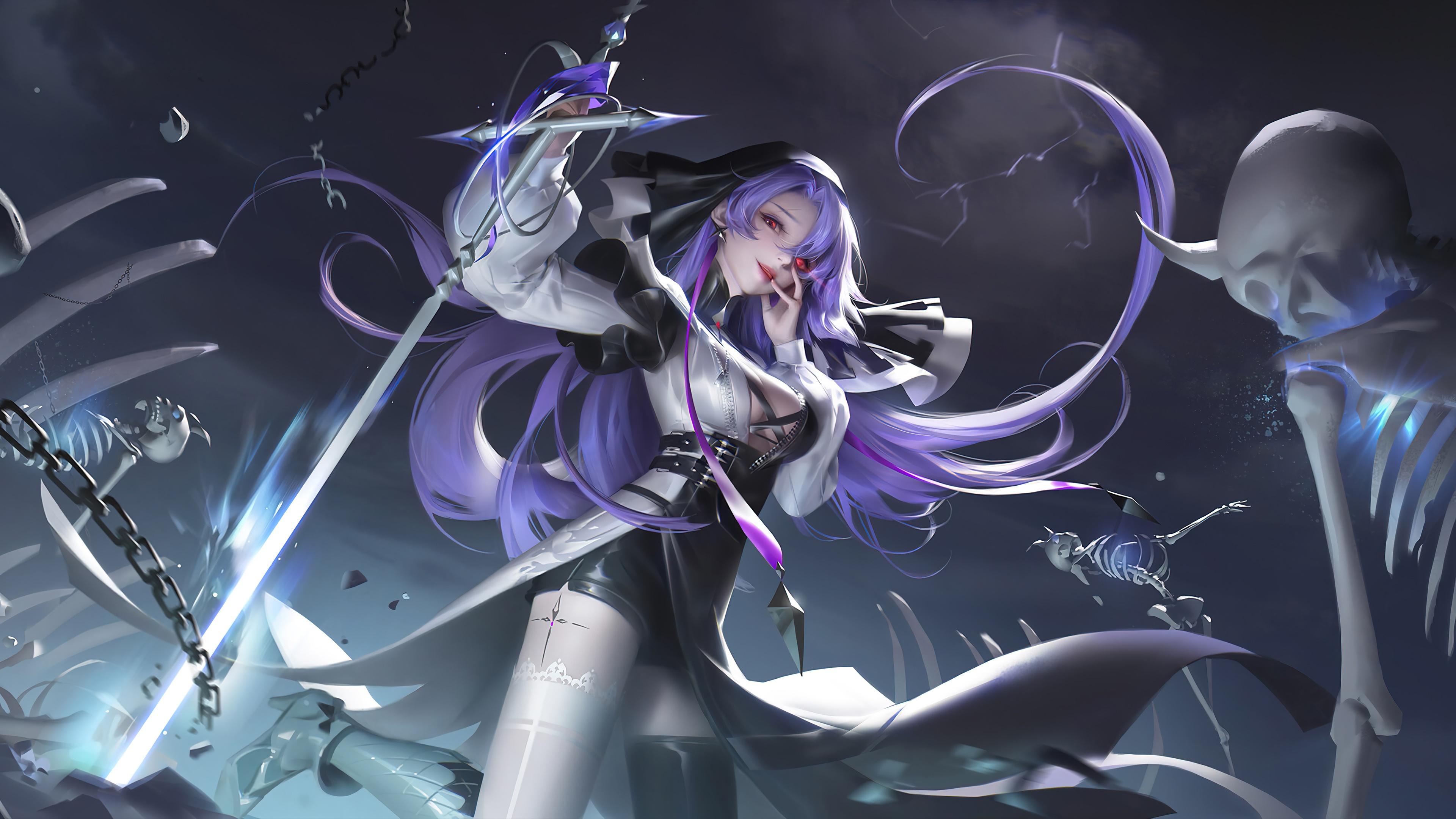 3840x2160 wallpaper, girl, warrior, sword, skeleton, fantasy, art, 4k, HD HD Wallpaper