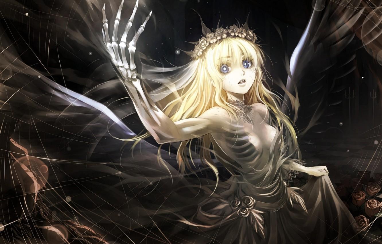 1332x850 Wallpaper girl, flowers, roses, wings, anime, art, bones, skeleton, wreath, kriss sison, ribs image for desktop, section прочее