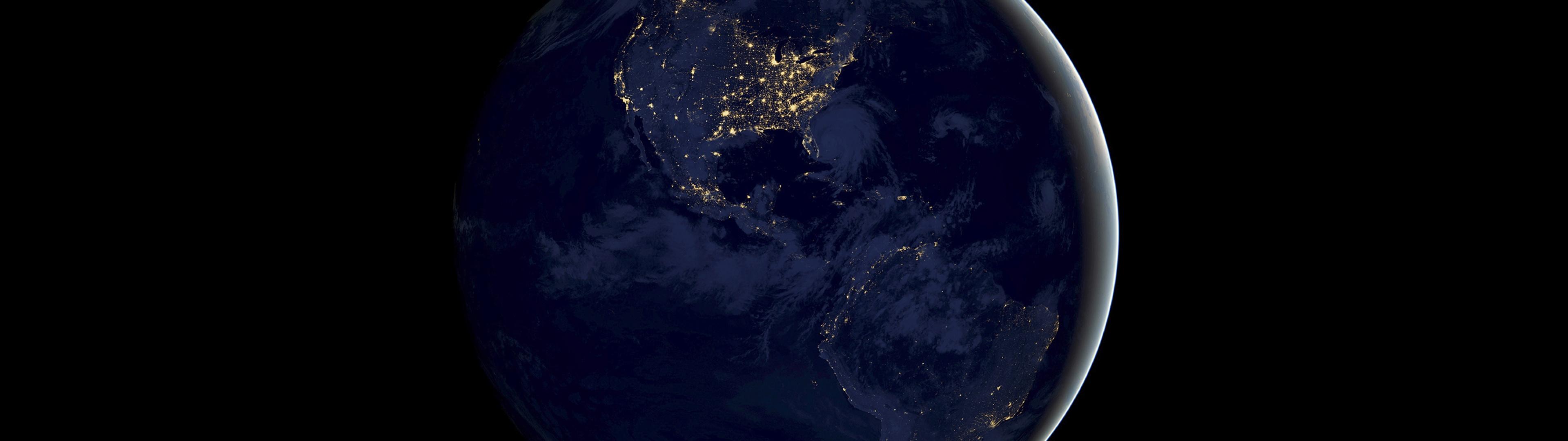 3840x1080 Earth Wallpaper 4K, Night, iOS Stock, Black background, iPad, Space