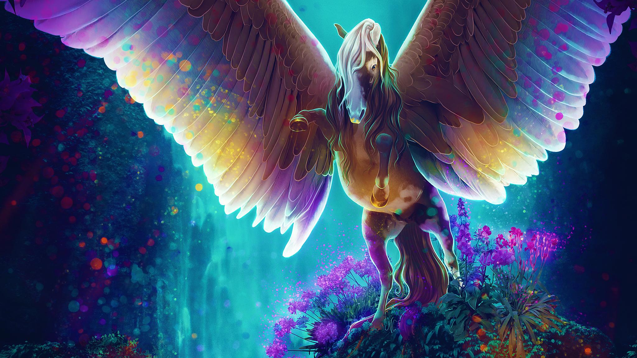 2048x1152 Horse Fantasy Colorful Wings Open 4k 2048x1152 Resolution HD 4k Wallpaper, Image, Background, Photo and Picture