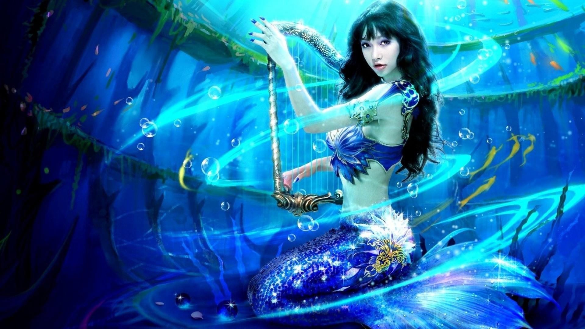 1920x1080 Mermaid Black Hair Jewel Harp desktop PC and Mac wallpaper