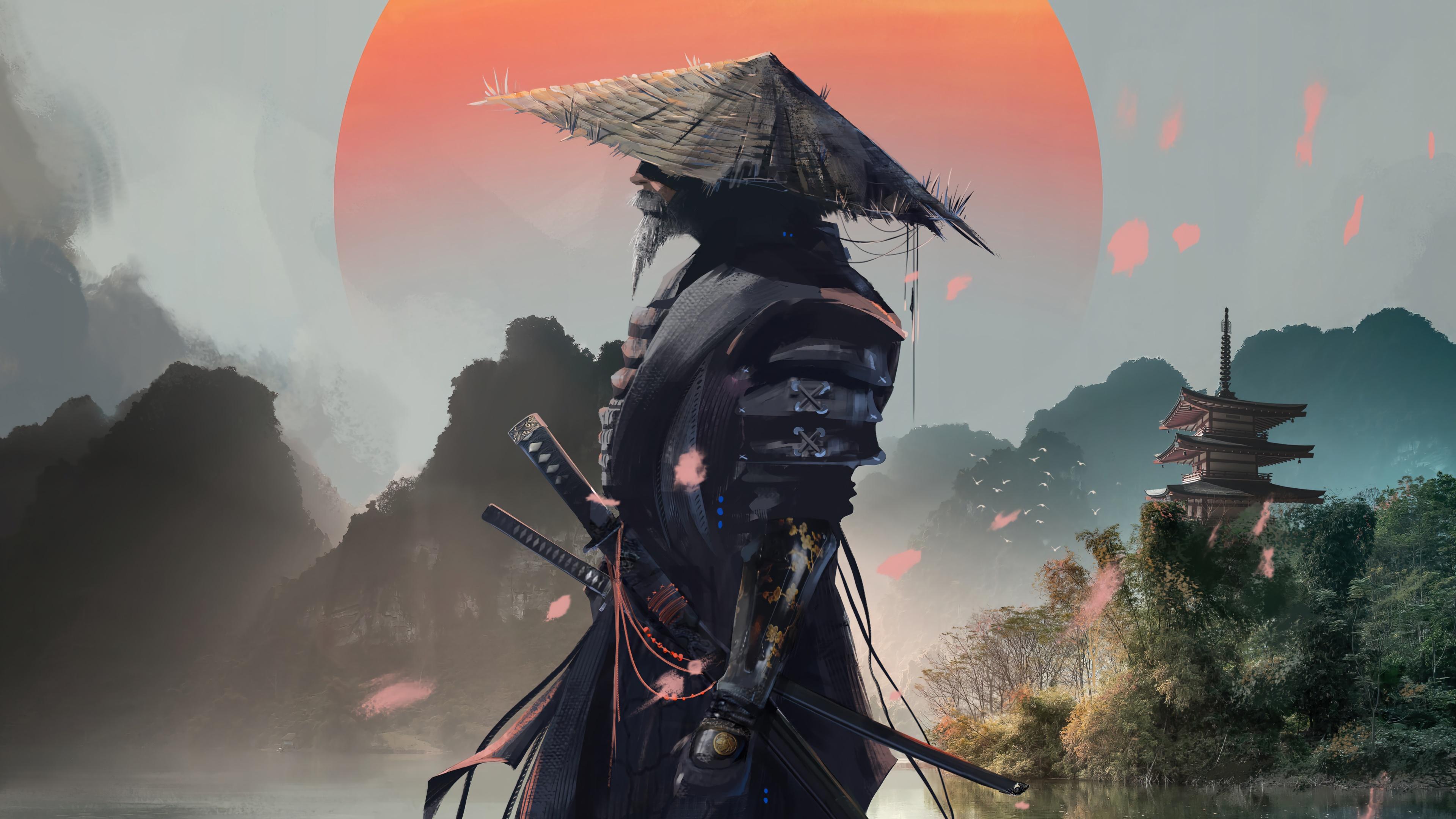 3840x2160 samurai, warrior, sunset, fantasy art, 4k, pc, wallpaper HD Wallpaper