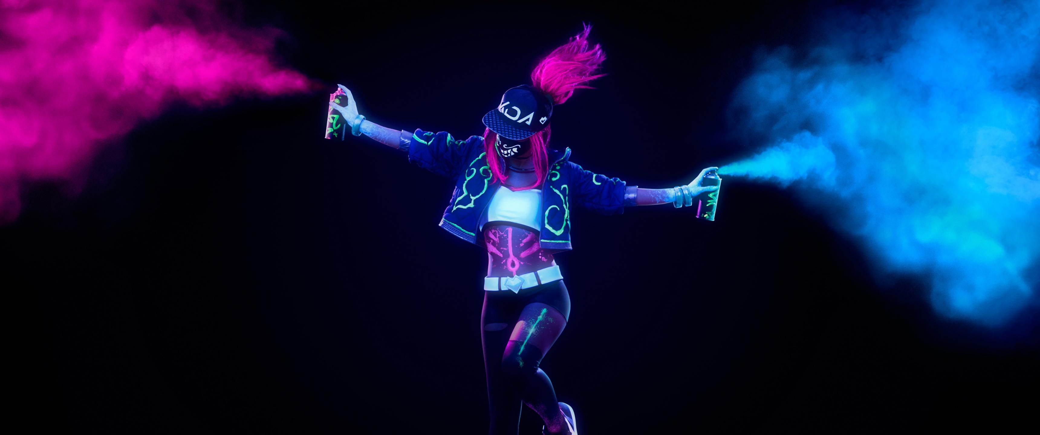 3440x1440 KDA Wallpaper 4K, League of Legends, Neon, Smoke, Black background, Graphics CGI