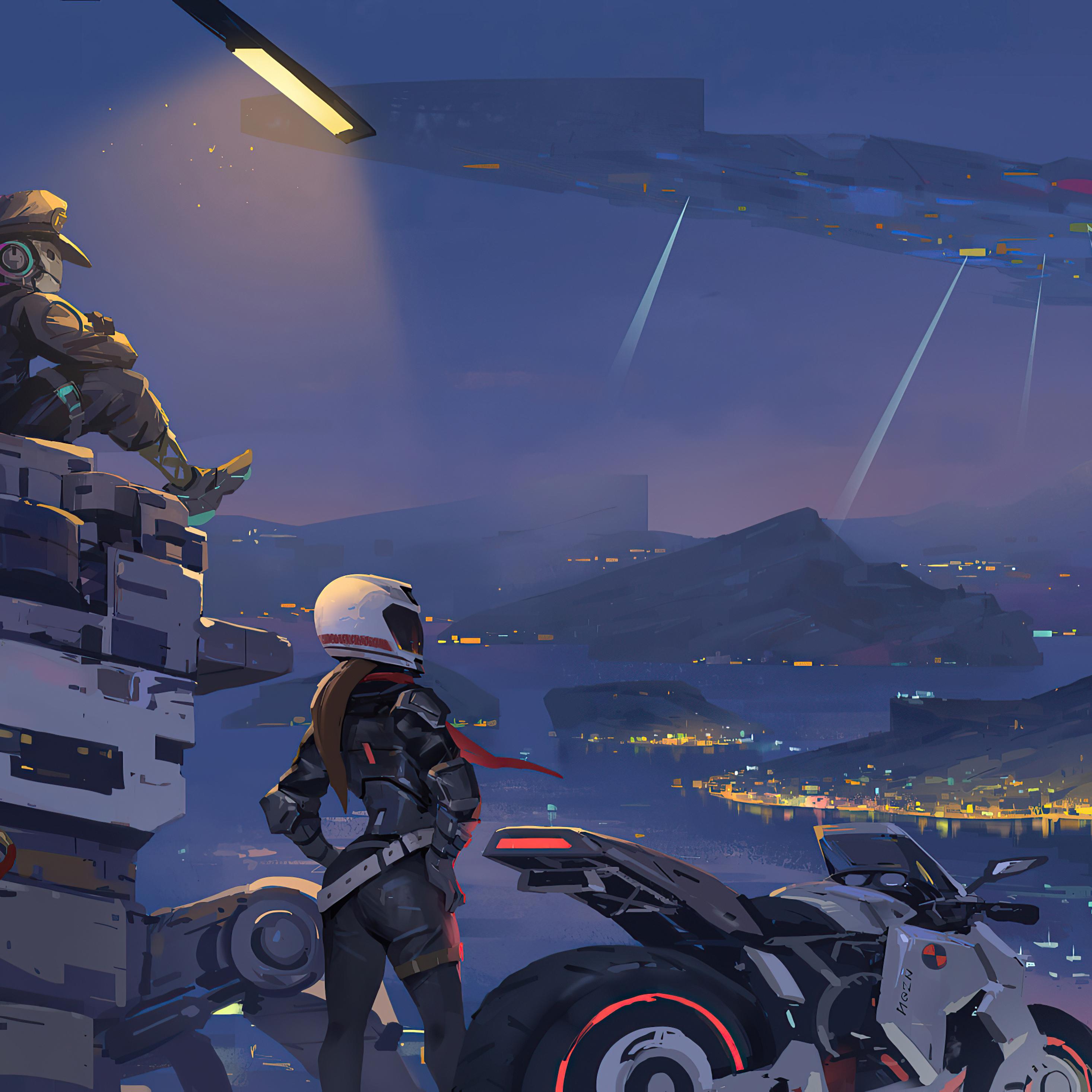 2932x2932 Biker Girl With Little Robot Friend Cyber City iPad Pro Retina Display HD 4k Wallpaper, Image, Background, Photo and Picture