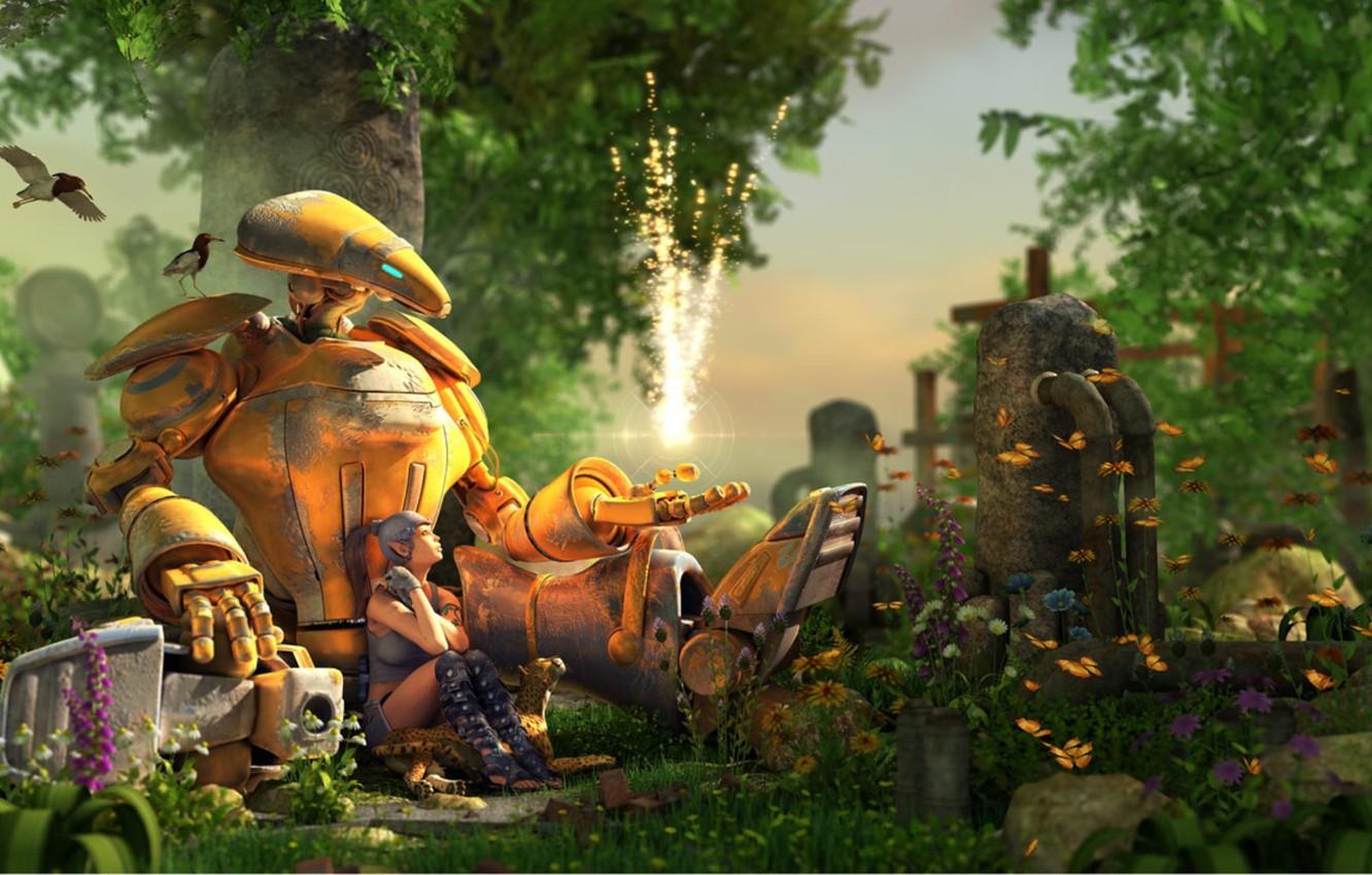 1332x850 Wallpaper girl, butterfly, flowers, birds, pipe, tree, robot, Put a little magic in your image for desktop, section фантастика