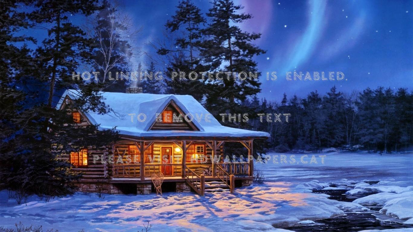 1366x768 Nothern Lights Magical Night Woods Cabin