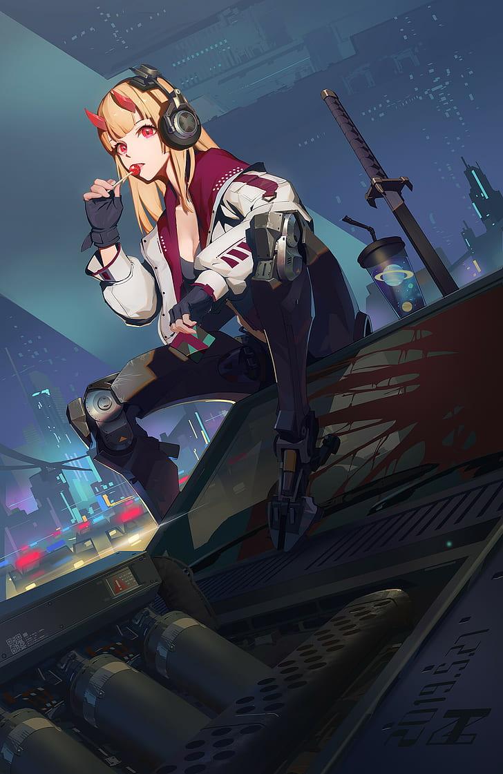728x1121 Anime Girls, Cyberpunk, Headphones, Drawing, Digital Cyberpunk Anime Girl