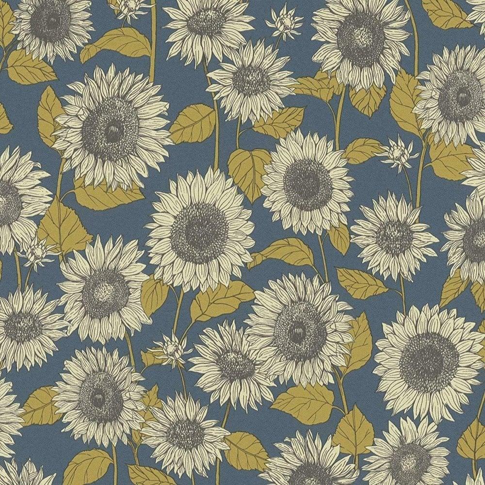 1000x1000 Shop A.S Creation Floral Sunflower Navy Blue Yellow Cream Wallpaper