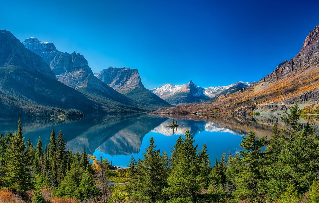 1332x850 Wallpaper trees, mountains, lake, reflection, Montana, Glacier National Park, Saint Mary Lake, Rocky mountains, Montana, Glacier national Park, Rocky Mountains, Wild Goose Island, Lake St Mary image for desktop, section пейзажи