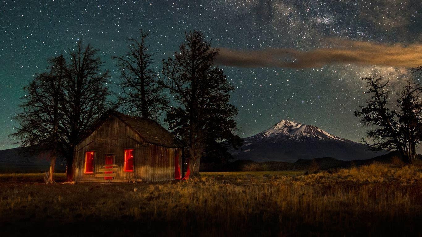 1366x768 General 1366x768 nature landscape starry night cabin mountains dry grass snowy peak Milky Way trees Californ. California wallpaper, Mount shasta, Bing background