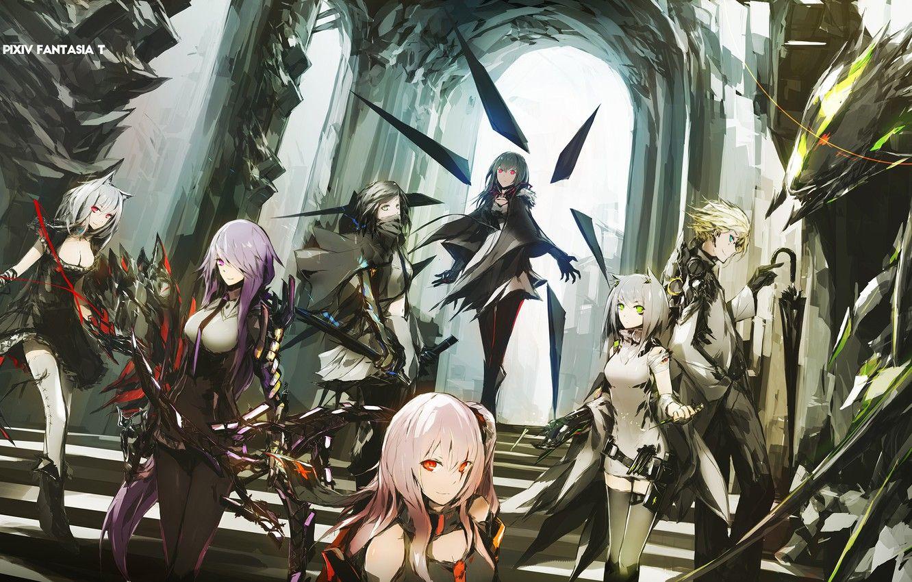 1332x850 Wallpaper weapons, castle, girls, dragon, umbrella, anime, art, guy