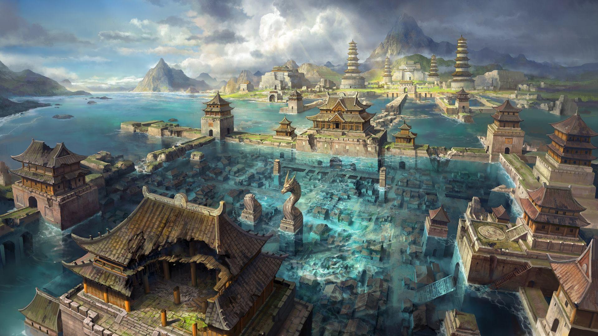1920x1080 Wallpaper Asian City, Fantasy World, Flood, Clouds, Artwork, Castle
