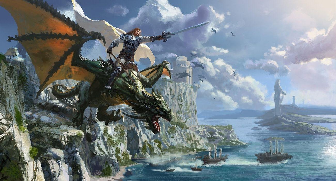 1301x700 Arts warrior sea rock dragon castle sword rider cloak wallpaper
