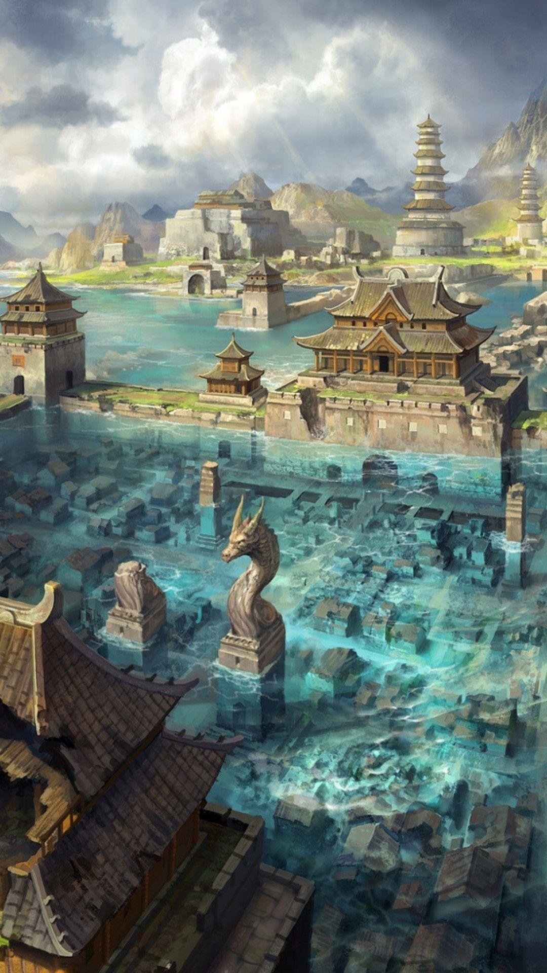 1080x1920 Download 1080x1920 Asian City, Fantasy World, Flood, Clouds, Artwork