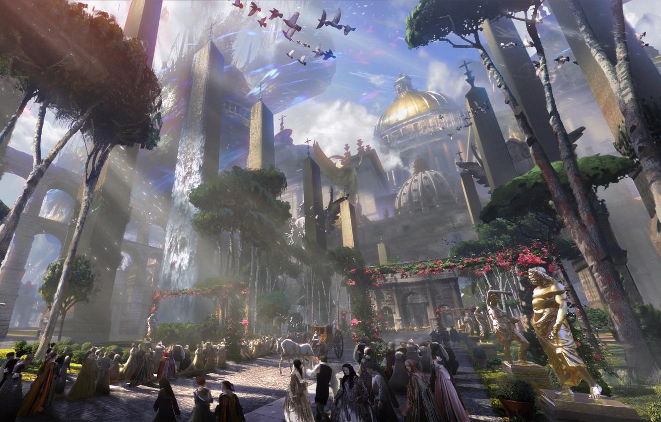 1332x850 Wallpaper trees, birds, people, architecture, high fantasy golden empire, Splendorous image for desktop, section фантастика