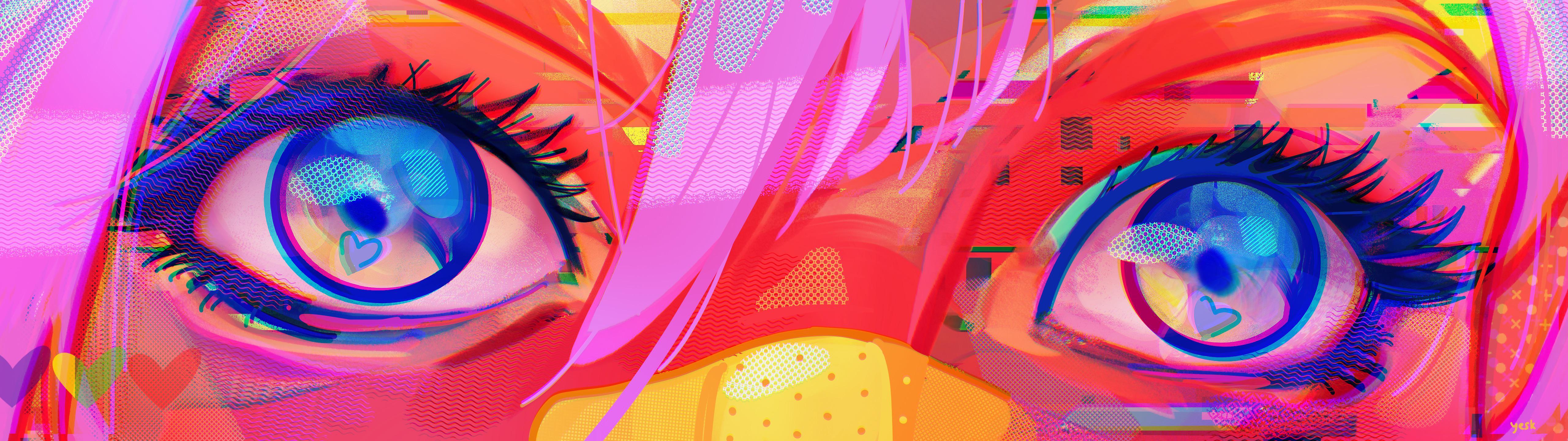 5120x1440 Digital Art Ultrawide Eyes Hearts Hair Patch Blue Eyes Pink Hair Glitch Art Women Wallpaper:5120x1440