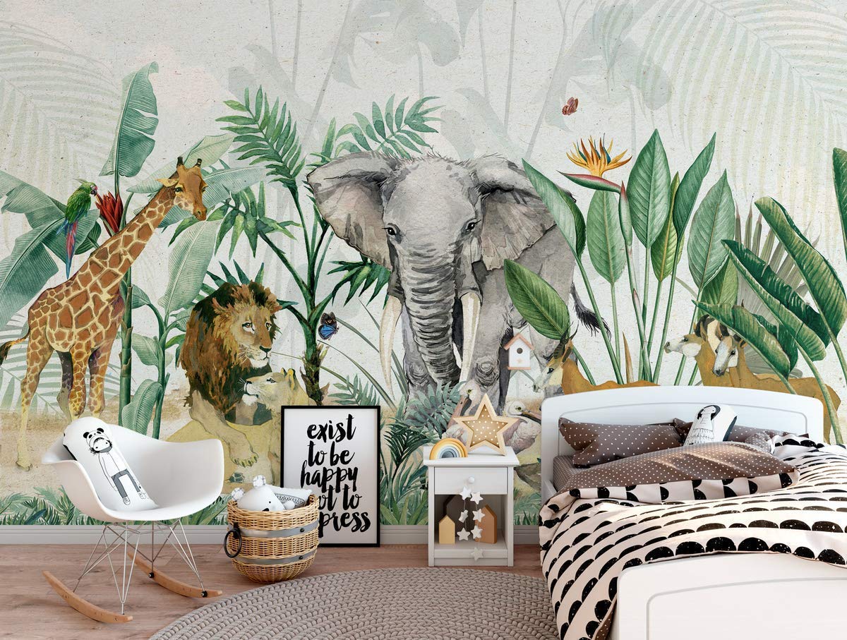 1200x907 Murwall Kids Wallpaper Tropical Wall Mural Animals Wallpaper Safari Wall Mural Leaf Wall Mural Kids Room : Handmade Products