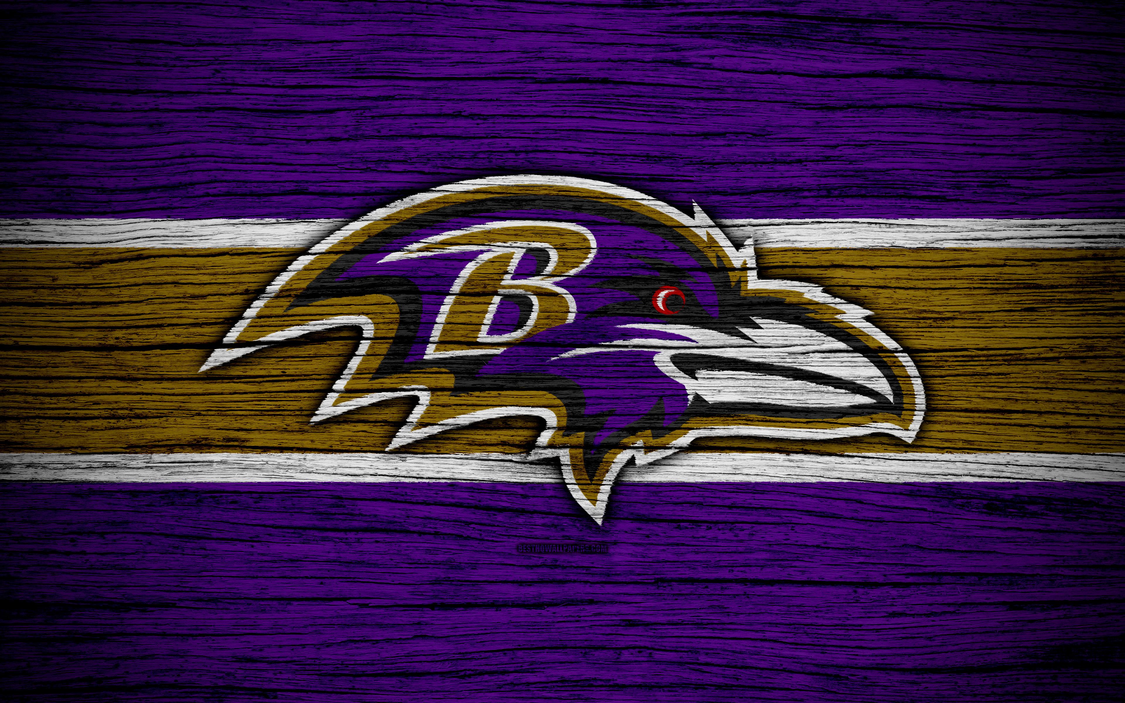3840x2400 Download wallpaper Baltimore Ravens, NFL, 4k, wooden texture, american football, logo, emblem, Baltimore, Maryland, USA, National Football League, American Conference for desktop with resolution 3840x2400. High Quality HD picture wallpaper
