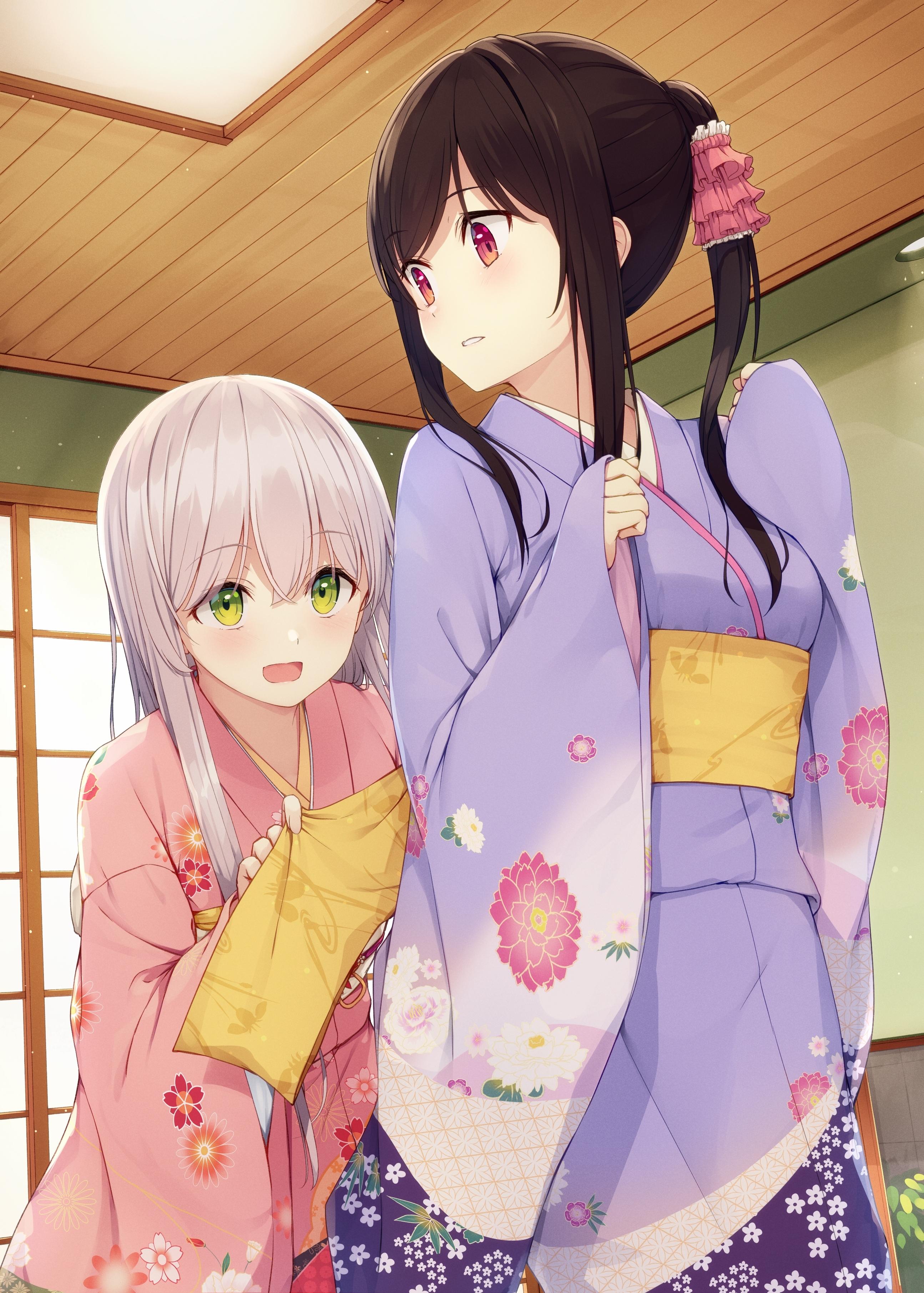 2589x3623 Wallpaper Getting Ready, Kimono, Cute, Anime Girls, Room:2589x3623