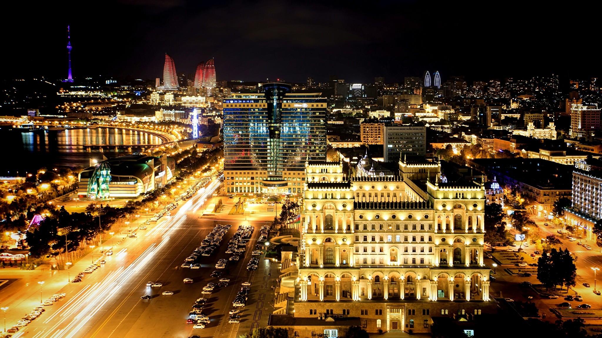 2048x1152 Wallpaper Baku Azerbaijan night time Cities Building Night Houses