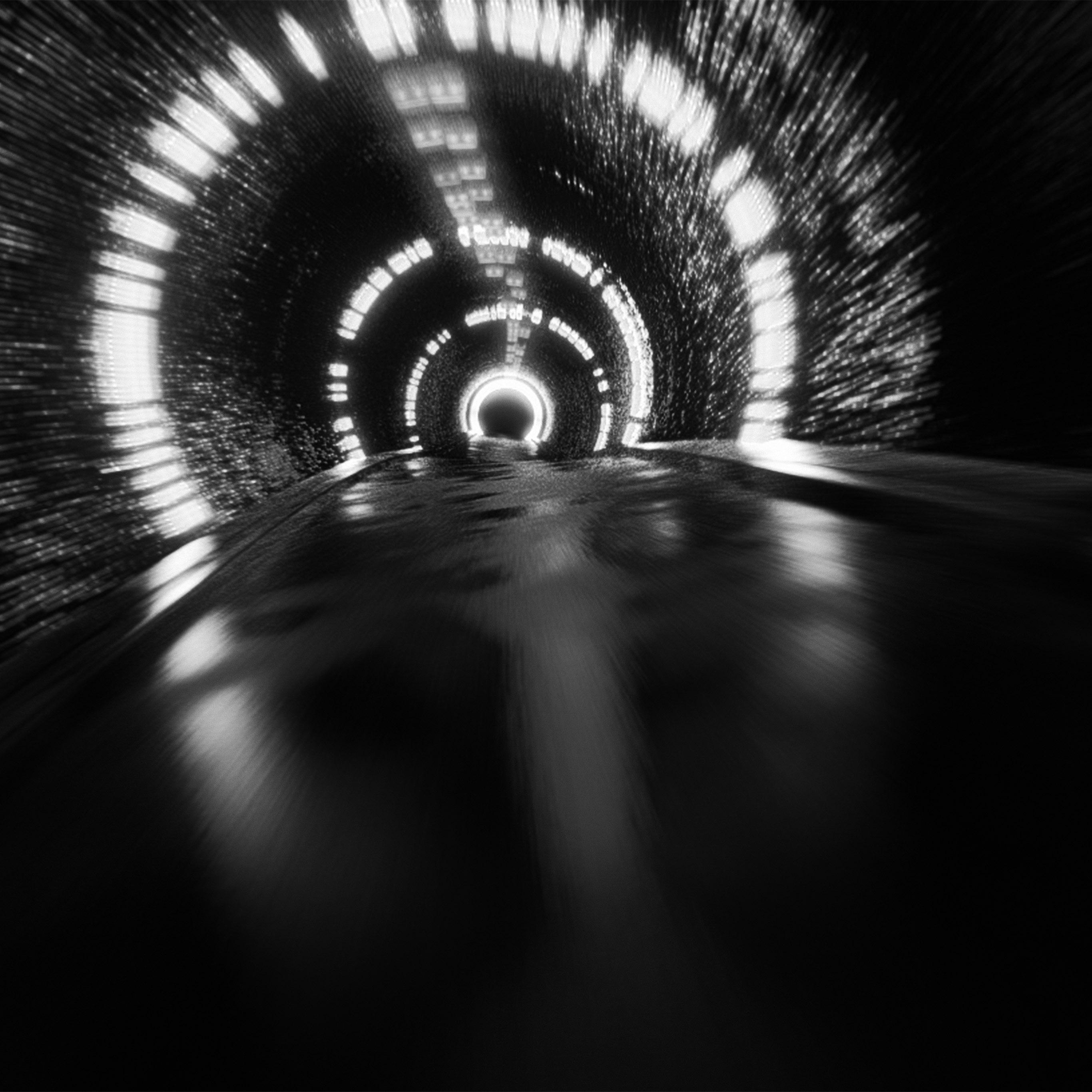 2732x2732 Tunnel Car Dark Drive Pattern Background Bw Wallpaper