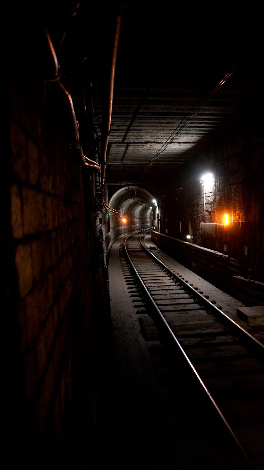 1080x1920 Wallpaper Distance, Glow, Dark, Tunnel, Rails. Lights