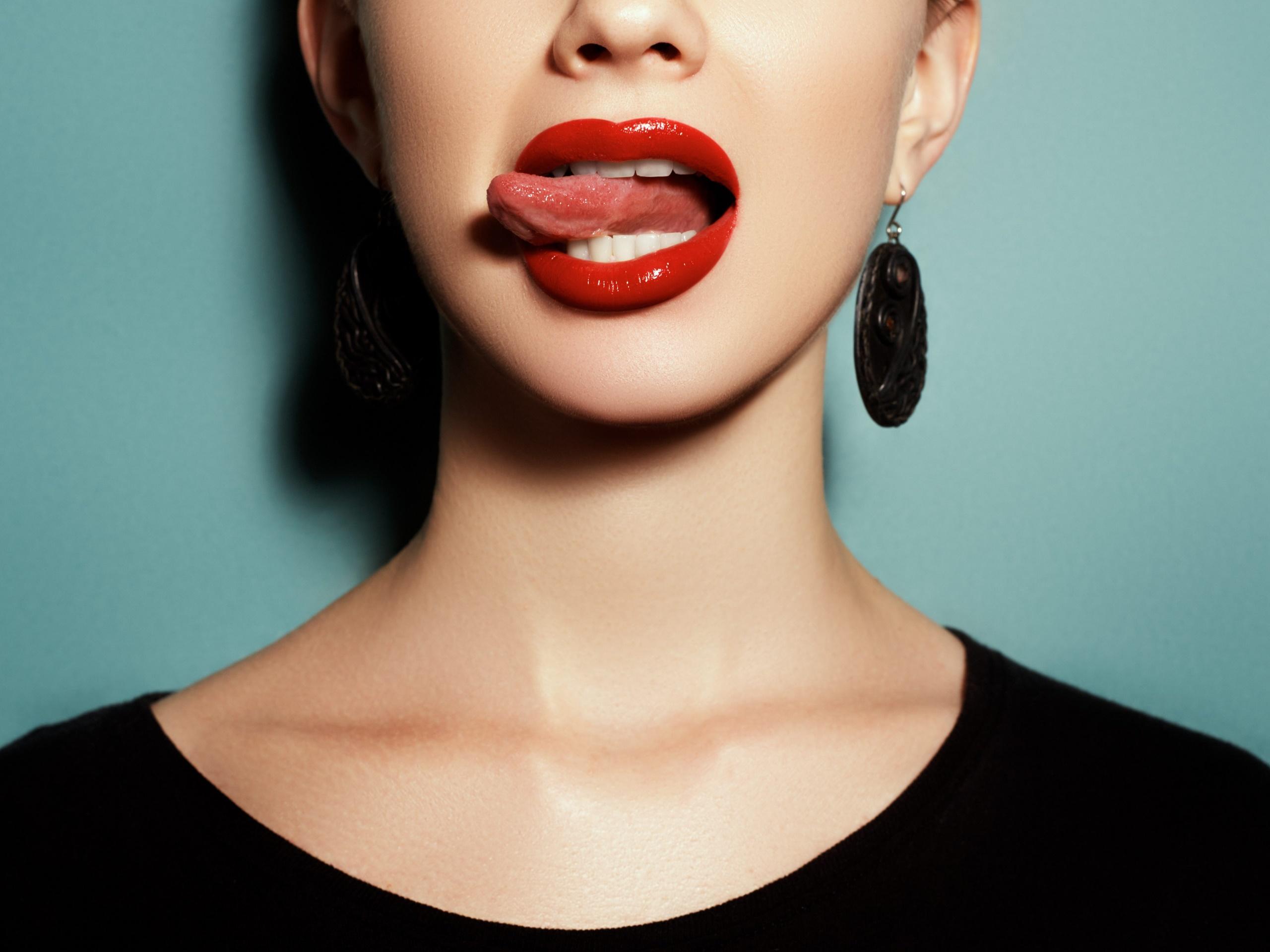 2560x1920 Red Lipstick Women Face Lips Tongue Out