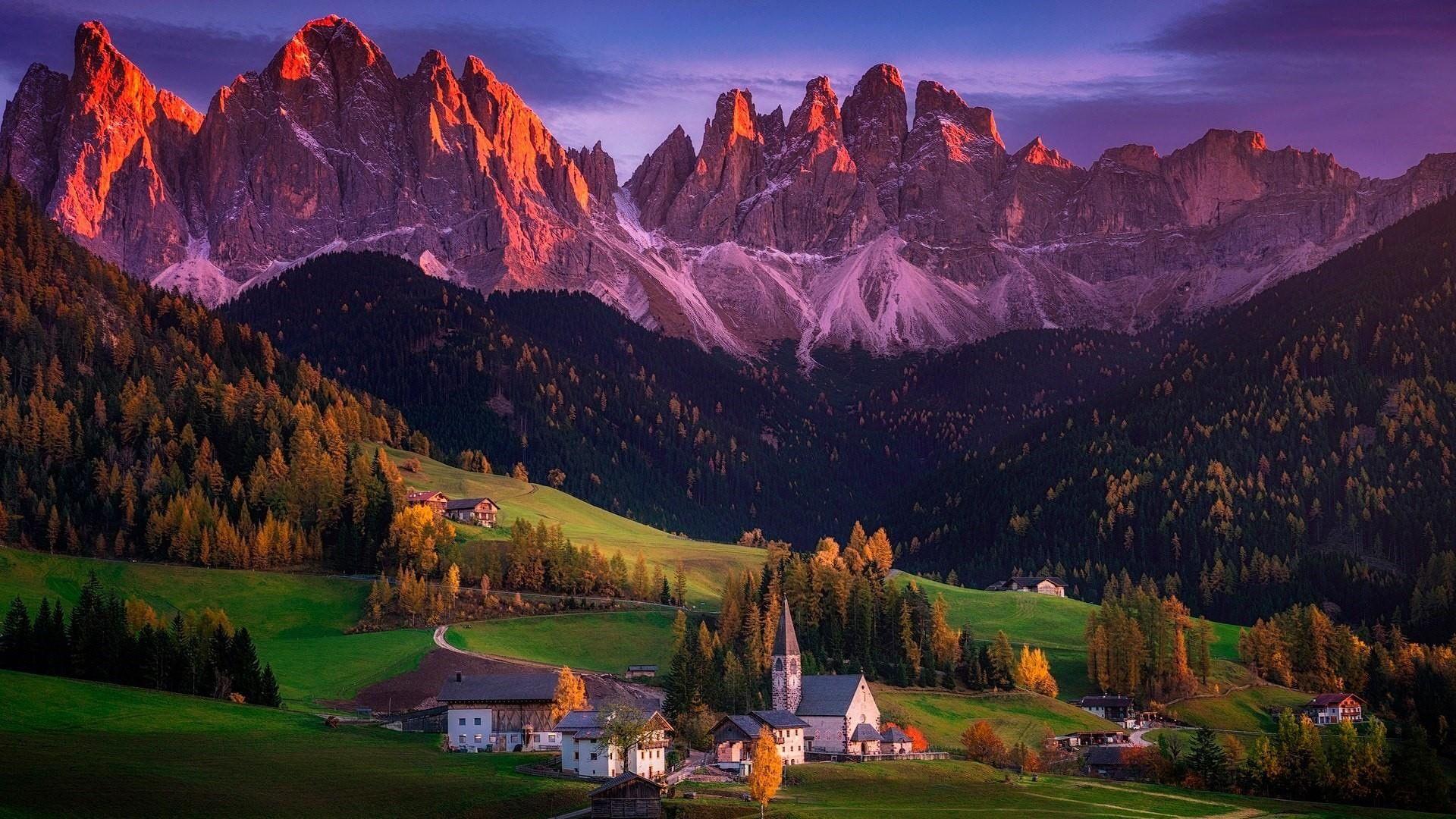 1920x1080 valley #alps #italy #bolzano funes valley santa maddalena #landscape #meadow #morning #dolomites #village #highland #nature #wildern. Bolzano, HD wallpaper, Alps