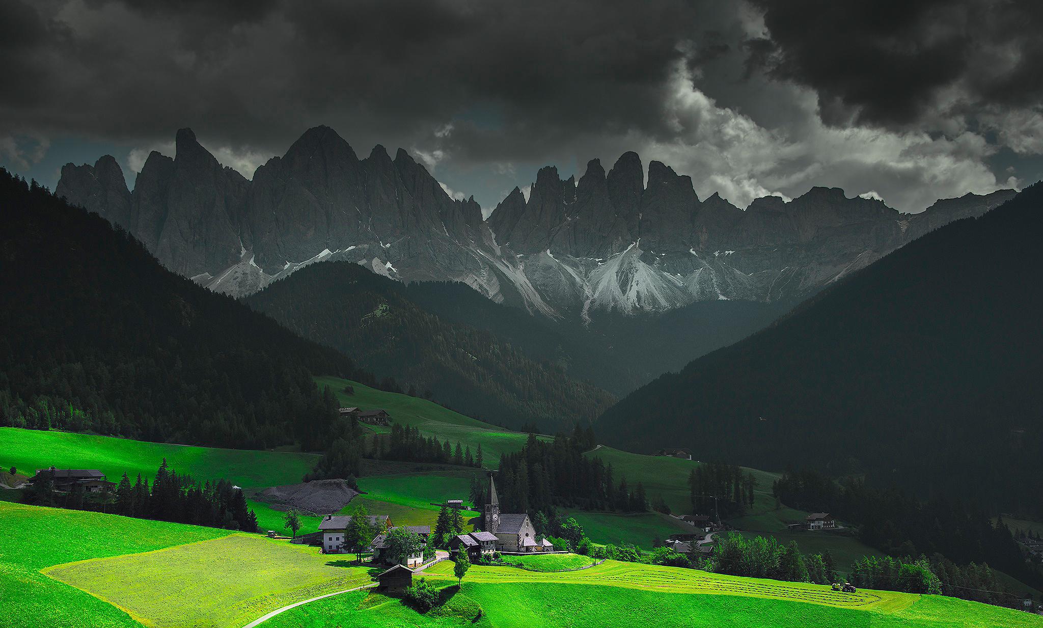 2048x1233 Download Wallpaper italy clouds mountains church field meadow bolzano village santa maddalena, 2048x1233