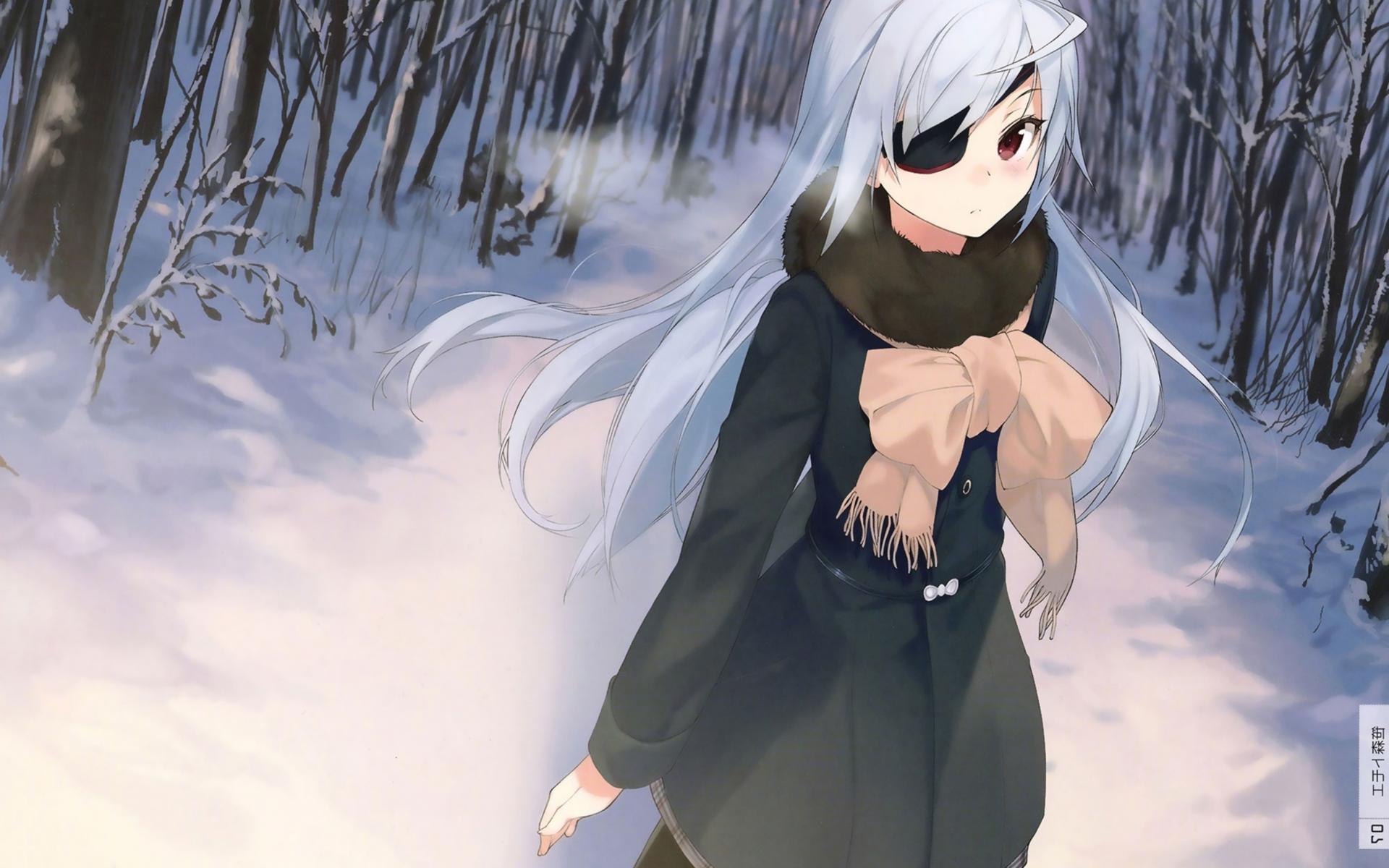 1920x1200 Wallpaper White Hair, Eyepatch, Long Hair, Infinite Stratos, Scarf, Snow, Laura Bodewig:2807x2000