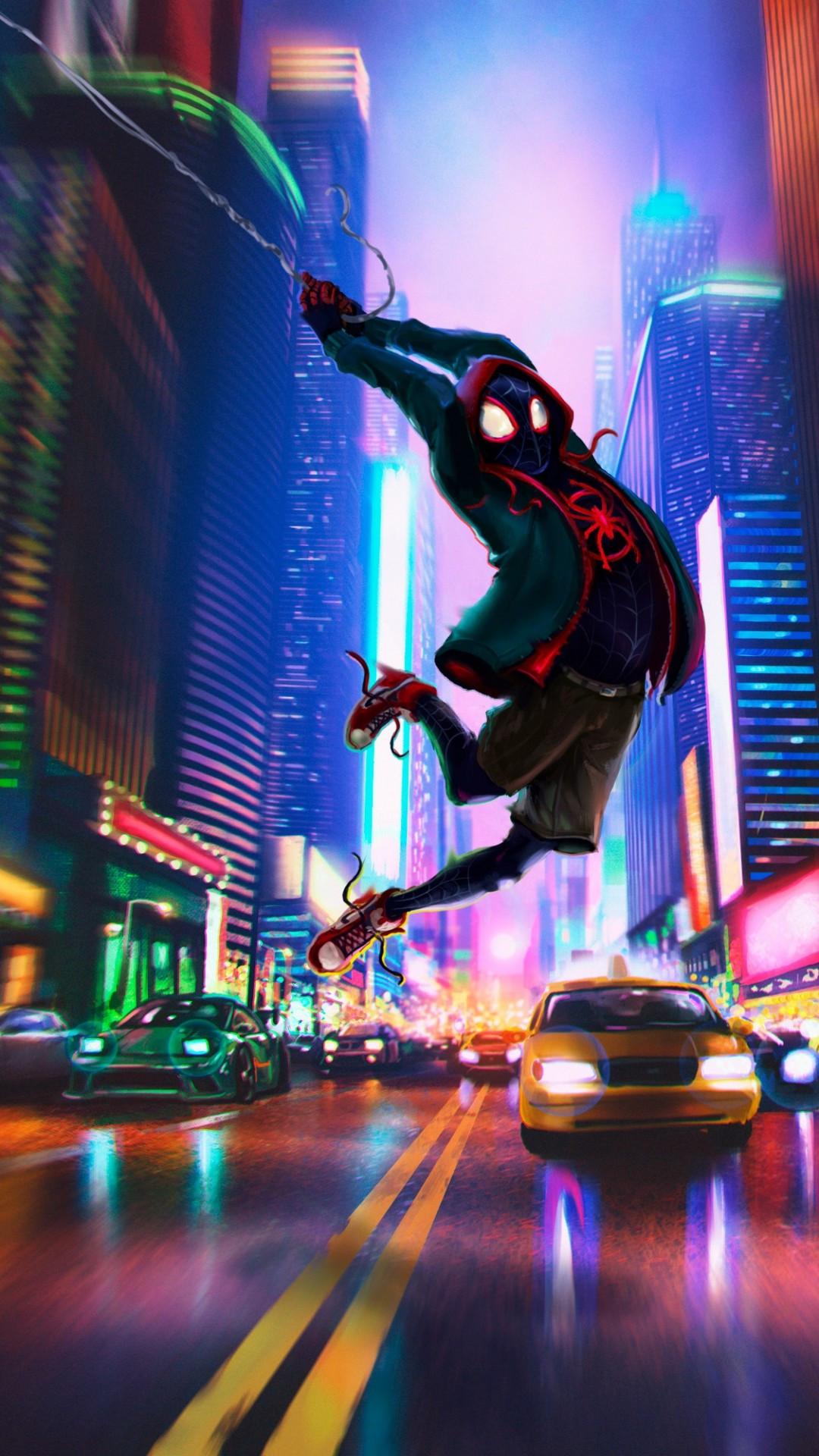 1080x1920 Download 1080x1920 Spider Man: Into The Spider Verse, New York, Urban, Night, Vehicles, Animation, Artwork Wallpaper For IPhone IPhone 7 Plus, IPhone 6+, Sony Xperia Z, HTC One