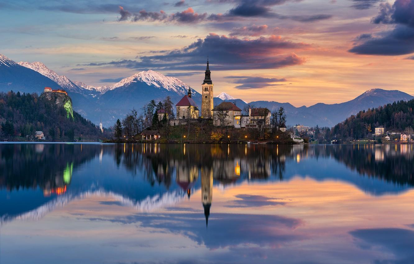 1332x850 Wallpaper sunset, mountains, lake, reflection, island, Church, Slovenia, Lake Bled, Slovenia, Lake bled, Bled, Assumption of Mary Pilgrimage Church, Bled, Church Of The Assumption Of The Virgin Mary, The Julian Alps, Julian